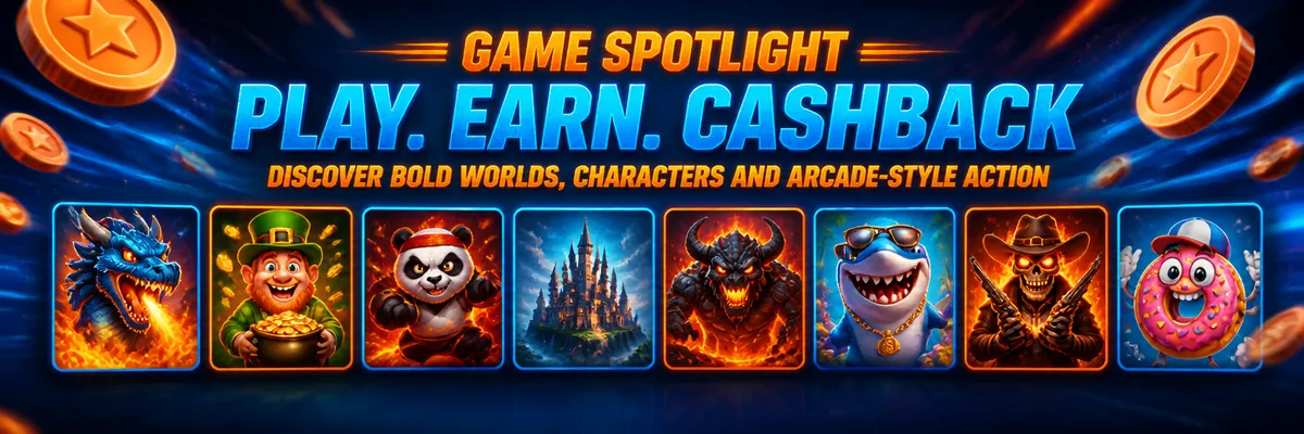 Wide blue and orange games banner with fantasy castles, cartoon creatures, grinning characters and floating casino coins