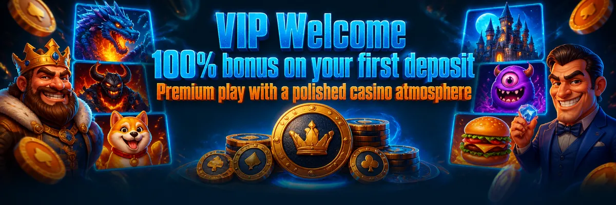 Wide blue and orange VIP casino banner with floating coins, glossy cartoon game tiles and a bold welcome bonus focus